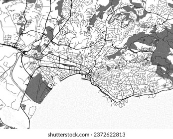 Greyscale vector city map of Frejus in France with with water, fields and parks, and roads on a white background.