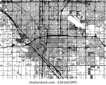 Mapa de ciudades vectoriales a escala de grises de Fresno California en los Estados Unidos de América con agua, campos y parques, y carreteras en un fondo blanco.