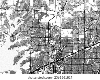 Greyscale vector city map of Frisco Texas in the United States of America with with water, fields and parks, and roads on a white background.