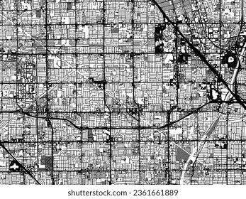 Greyscale vector city map of Garden Grove California in the United States of America with with water, fields and parks, and roads on a white background.