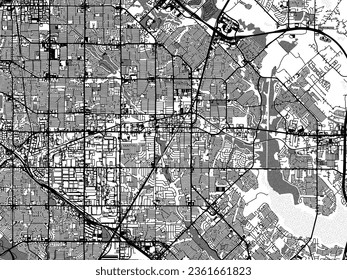 Greyscale vector city map of Garland Texas in the United States of America with with water, fields and parks, and roads on a white background.