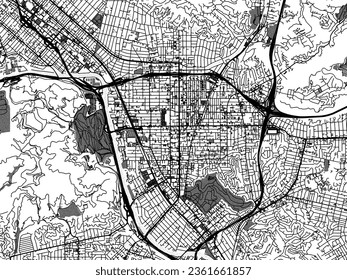 Greyscale vector city map of Glendale California in the United States of America with with water, fields and parks, and roads on a white background.