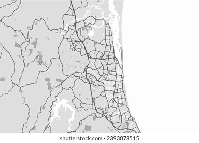 Greyscale vector city map of Gold Coast in Australia with with water, fields and parks, and roads on a white background.