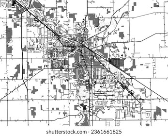 Graustufen-Vektorgrafik von Goshen Indiana in den Vereinigten Staaten von Amerika mit Wasser, Feldern und Parks und Straßen auf weißem Hintergrund.