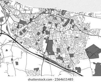 Greyscale vector city map of Gravesend in the United Kingdom with with water, fields and parks, and roads on a white background.