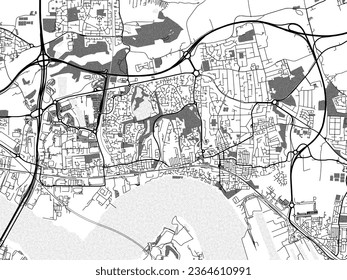 Greyscale vector city map of Grays in the United Kingdom with with water, fields and parks, and roads on a white background.