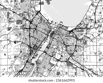 Greyscale vector city map of Green Bay Wisconsin in the United States of America with with water, fields and parks, and roads on a white background.