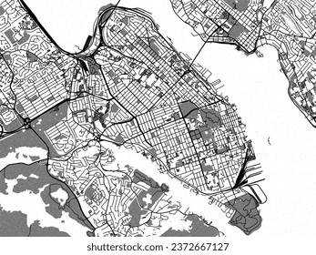 Greyscale vector city map of Halifax Center Nova Scotia in Canada with with water, fields and parks, and roads on a white background.