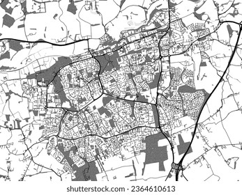 Greyscale vector city map of Harlow in the United Kingdom with with water, fields and parks, and roads on a white background.