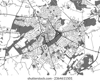 Greyscale vector city map of Harrogate in the United Kingdom with with water, fields and parks, and roads on a white background.