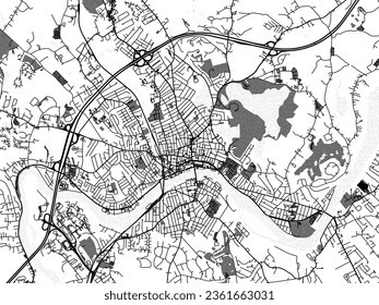 Greyscale vector city map of Haverhill Massachusetts in the United States of America with with water, fields and parks, and roads on a white background.
