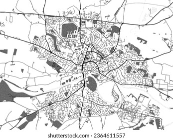 Greyscale vector city map of Hereford in the United Kingdom with with water, fields and parks, and roads on a white background.