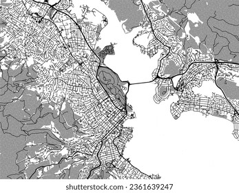 Mapa de la ciudad vector de escala de grises de Hobart en Australia con agua, campos y parques, y caminos en un fondo blanco.