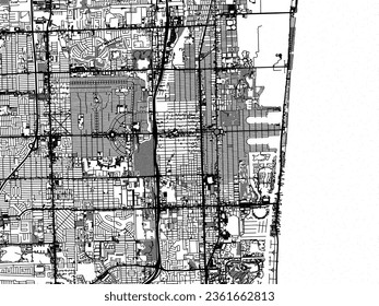 Greyscale vector city map of Hollywood Florida in the United States of America with with water, fields and parks, and roads on a white background.