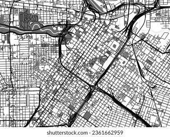 Greyscale vector city map of Houston Center Texas in the United States of America with with water, fields and parks, and roads on a white background.