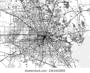 Greyscale vector city map of Houston Metro Texas in the United States of America with with water, fields and parks, and roads on a white background.