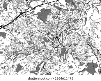 Mapa de ciudades vectoriales a escala de grises de Huddersfield en el Reino Unido con agua, campos y parques, y caminos en un fondo blanco.
