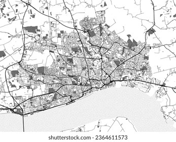 Greyscale vector city map of Hull in the United Kingdom with with water, fields and parks, and roads on a white background.