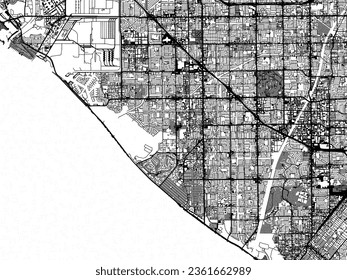 Greyscale vector city map of Huntington Beach California in the United States of America with with water, fields and parks, and roads on a white background.