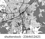Greyscale vector city map of Huntsville Alabama in the United States of America with with water, fields and parks, and roads on a white background.