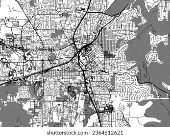 Greyscale vector city map of Huntsville Alabama in the United States of America with with water, fields and parks, and roads on a white background.