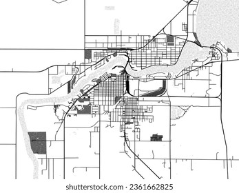 Greyscale vector city map of International Falls Minnesota in the United States of America with with water, fields and parks, and roads on a white background.