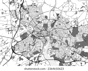 Greyscale vector city map of Ipswich in the United Kingdom with with water, fields and parks, and roads on a white background.