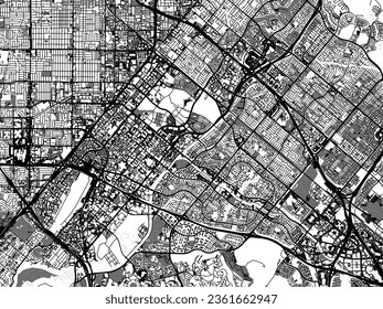 Mapa de la ciudad vectorial a escala de grises de Irvine California en Estados Unidos de América con agua, campos y parques, y carreteras en un fondo blanco.