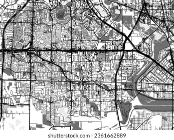 Greyscale vector city map of Irving Texas in the United States of America with with water, fields and parks, and roads on a white background.