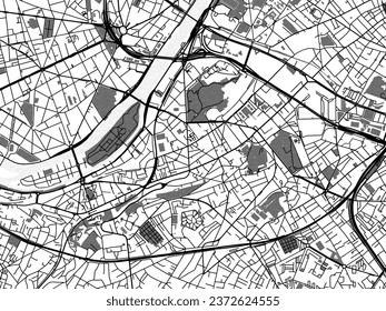 Greyscale vector city map of Issy-les-Moulineaux in France with with water, fields and parks, and roads on a white background.