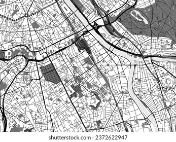 Graustufen-Vektorgrafik von Ivry-sur-Seine in Frankreich mit Wasser, Feldern und Parks und Straßen auf weißem Hintergrund.