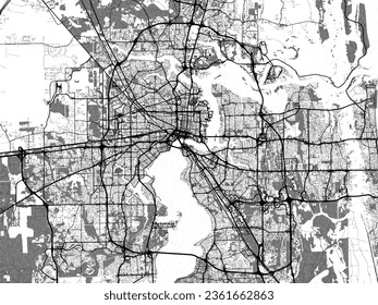 Greyscale vector city map of Jacksonville Florida in the United States of America with with water, fields and parks, and roads on a white background.