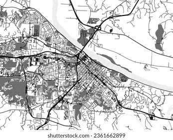 Greyscale vector city map of Jefferson City Missouri in the United States of America with with water, fields and parks, and roads on a white background.