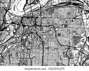 Greyscale vector city map of Kansas City Missouri in the United States of America with with water, fields and parks, and roads on a white background.