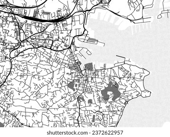 Greyscale vector city map of La Seyne-sur-Mer in France with with water, fields and parks, and roads on a white background.