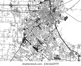 Greyscale vector city map of Lafayette Louisiana in the United States of America with with water, fields and parks, and roads on a white background.