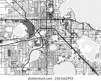 Greyscale vector city map of Lakeland Florida in the United States of America with with water, fields and parks, and roads on a white background.