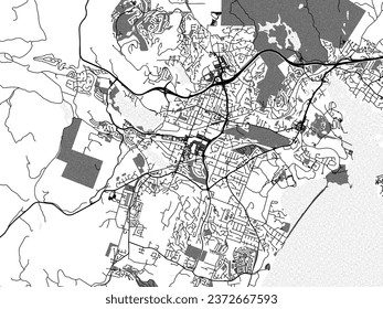 Graustufen-Vektorgrafik von Langford British Columbia in Kanada mit Wasser, Feldern und Parks und Straßen auf weißem Hintergrund.