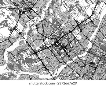 Graustufen-Vektorgrafik von Laval Quebec in Kanada mit Wasser, Feldern und Parks und Straßen auf weißem Hintergrund.