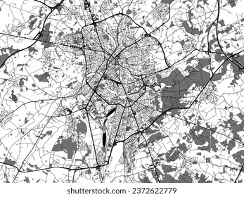Greyscale vector city map of Le Mans in France with with water, fields and parks, and roads on a white background.