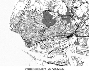 Greyscale vector city map of Le Havre in France with with water, fields and parks, and roads on a white background.