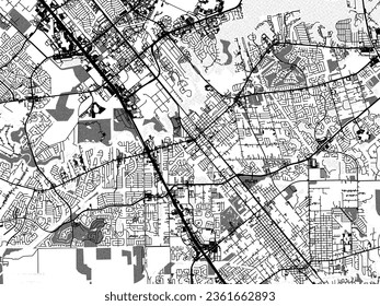 Greyscale vector city map of League City Texas in the United States of America with with water, fields and parks, and roads on a white background.