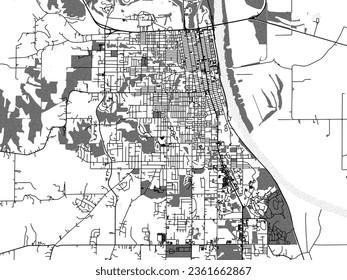 Greyscale vector city map of Leavenworth Kansas in the United States of America with with water, fields and parks, and roads on a white background.