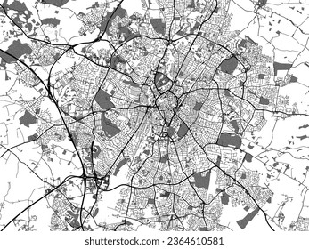 Mapa de Leicester en la ciudad vectorial de escala griega con agua, campos y parques, y carreteras en un fondo blanco.