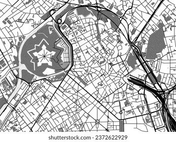 Greyscale vector city map of Lille centrum in France with with water, fields and parks, and roads on a white background.