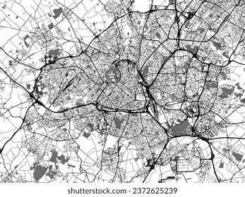 Greyscale vector city map of Lille in France with with water, fields and parks, and roads on a white background.