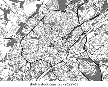 Greyscale vector city map of Limoges in France with with water, fields and parks, and roads on a white background.