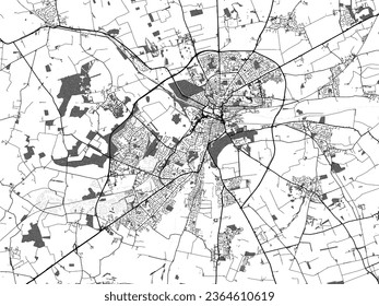 Greyscale vector city map of Lincoln in the United Kingdom with with water, fields and parks, and roads on a white background.