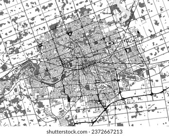 Greyscale vector city map of London Ontario in Canada with with water, fields and parks, and roads on a white background.