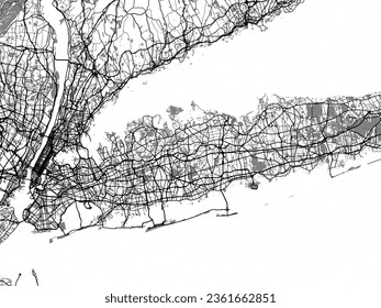 Graustufen-Vektorgrafik von Long Island New York in den Vereinigten Staaten von Amerika mit Wasser, Feldern und Parks und Straßen auf weißem Hintergrund.